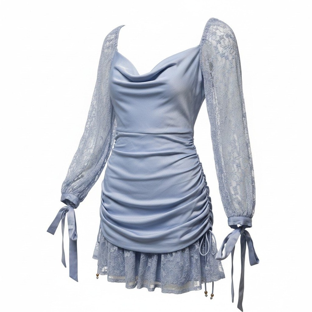 Coquette Mini Dress Womens S Blue Lace Sleeve Ruched Cowl Neck